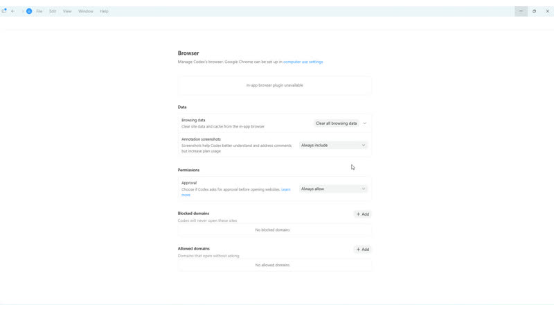 Codex browser settings