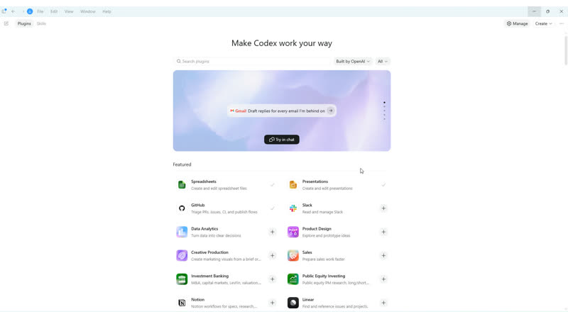 Codex plugins and skills screen
